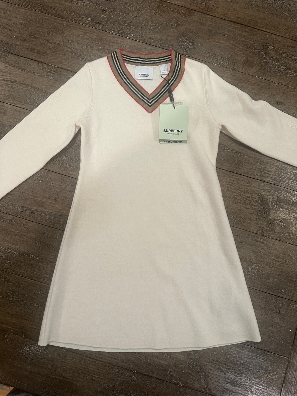 NWT Authentic Burberry Cream Girls Knit V-Neck Dress with classic Striped Trim